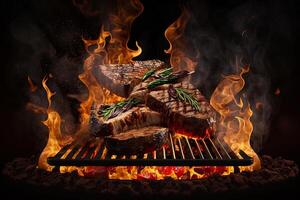 saboroso carne bifes e espetos vôo acima fundida ferro grato com fogo chamas. congelar movimento churrasco conceito ai gerado foto