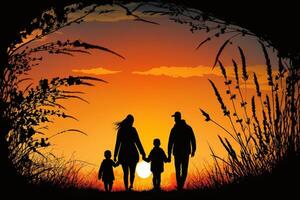 silhuetas do feliz jovem família caminhando às pôr do sol ai gerado foto