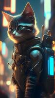 ilustração do gato dentro cyberpunk estilo com vestuário e roupas com futurista cidade fundo e néon claro. Ciência ficção fantasia imagem. ai gerado imagens. foto