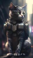 ilustração do gato dentro cyberpunk estilo com vestuário e roupas com futurista cidade fundo e néon claro. Ciência ficção fantasia imagem. ai gerado imagens. foto