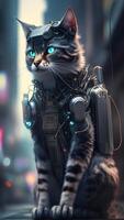 ilustração do gato dentro cyberpunk estilo com vestuário e roupas com futurista cidade fundo e néon claro. Ciência ficção fantasia imagem. ai gerado imagens. foto