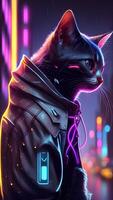 ilustração do gato dentro cyberpunk estilo com vestuário e roupas com futurista cidade fundo e néon claro. Ciência ficção fantasia imagem. ai gerado imagens. foto