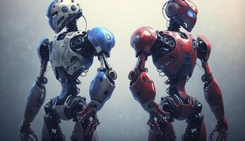 dois futurista robôs antes Combine dentro azul e vermelho cor. pós-produzido generativo ai digital ilustração. foto
