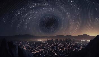 uma paisagem urbana com redemoinhos do névoa e estrelas iluminador a noite, generativo ai foto