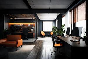 moderno o negócio escritório interior dentro laranja e Castanho tons. generativo ai foto