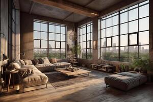 moderno industrial interior do a vivo quarto com panorâmico janelas. generativo ai foto