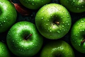 uma verde maçã coberto dentro água gotas. maçã fundo. generativo ai foto