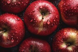 vermelho maçã coberto com água gotas. estúdio claro. maçã fundo. generativo ai foto