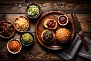 Hamburger, francês fritas, e molhos em uma de madeira fundo. ai generativo foto