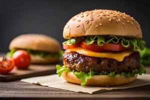 Hamburguer de queijo com fresco salada em de madeira fundo foto