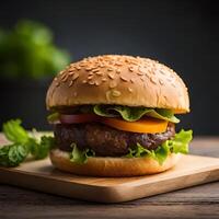 Hamburger em de madeira borda com fresco legumes. ai generativo foto