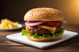 Hamburguer de queijo com dourado francês fritas em de madeira fundo. ai generativo foto