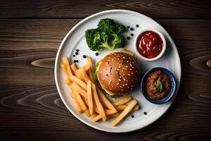 Hamburger com francês fritas e molho em uma de madeira mesa. topo visualizar. ai generativo foto