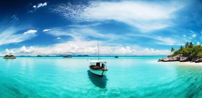 a panorama do tropical mar e ilha com uma barco e ai gerado. foto