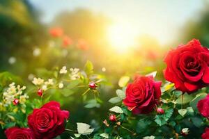 a vermelho rosas dentro a jardim com ai gerado. foto