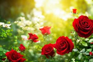 a vermelho rosas dentro a jardim com ai gerado. foto