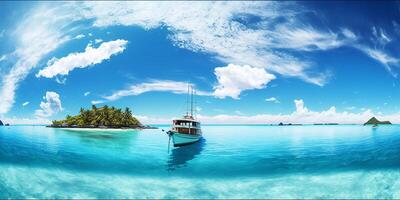 a panorama do tropical mar e ilha com uma barco e ai gerado. foto