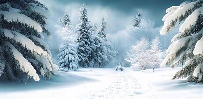 a panorama do Nevado floresta dentro inverno com ai gerado. foto