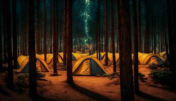 verão acampamento dentro a pinho vista da floresta do acampamento tendas entre a pinho árvores , generativo ai foto