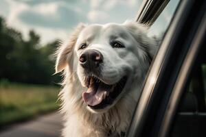 feliz cachorro parece Fora a partir de carro janela. estrada viagem com cachorro. generativo ai foto