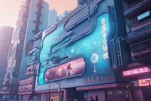 futurista néon cidade com Painel publicitário às rua. generativo ai foto