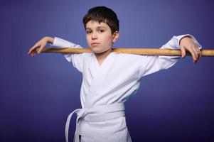 confiante Forte caucasiano oriental marcial artes lutador posando com de madeira Aikido arma contra tolet fundo com cópia de de Anúncios espaço foto