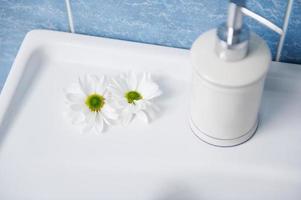 à moda branco cerâmico distribuidor com antisséptico antibacteriano líquido Sabonete e camomila flores em uma branco lavar bacia foto