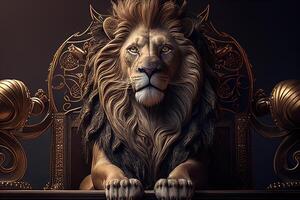 dourado brilhando rei do bestas leão em uma real dourado trono. ai generativo foto
