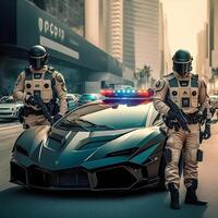 polícia oficiais dentro uniforme com armas. dubai. futurista conceito. dubai polícia. generativo ai foto