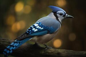 azul Jay empoleirado em uma ramo com uma borrão fundo dentro a floresta meio Ambiente e habitat. ai generativo foto