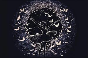 Preto e branco desenhando do uma bailarina cercado de borboletas. generativo ai. foto