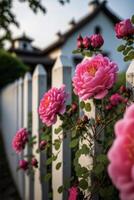 branco piquete com Rosa flores dentro frente do uma casa. generativo ai. foto