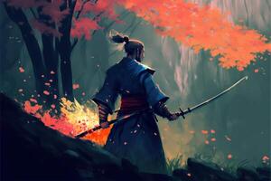 pintura do uma mulher segurando uma espada dentro uma floresta. generativo ai. foto