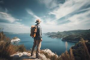 uma homem parece Fora sobre uma montanha e a oceano. aventura viagem, verão período de férias. generativo ai foto