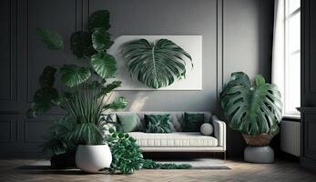 mínimo vivo quarto com interior sofá e verde natureza tropical plantar decoração, folhagem folhas natureza floresta tema conceitos, casa decoração zombar acima, com generativo ai. foto