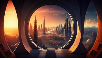 mega capital cidade futurista ficção científica Cidade fundo, ficção científica panorama fantástico, estrangeiro cidade planeta sociedade, noite cena com estrelas e planeta, com generativo ai. foto