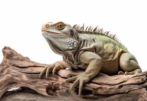 detalhado estúdio retrato do iguana em uma árvore filial, isolado em branco fundo, generativo ai foto