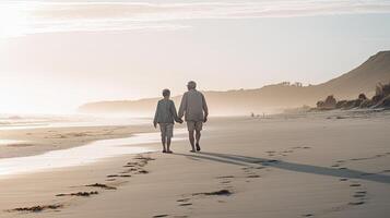 uma de praia cena com uma casal caminhando mão dentro mão. generativo ai foto