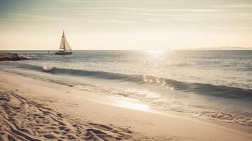 uma de praia cena com uma barco a vela em a horizonte. generativo ai foto