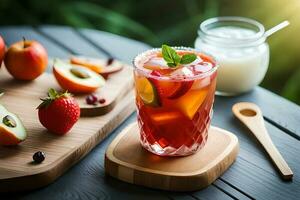 refrescante frutado verão beber em mesa com limão e hortelã foto