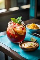 refrescante frutado verão beber em mesa com limão e hortelã foto