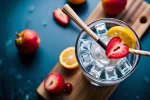 refrescante frutado verão beber em mesa com limão e hortelã foto