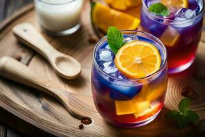 refrescante frutado verão beber em mesa com limão e hortelã foto