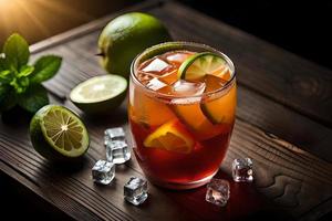 refrescante frutado verão beber em mesa com limão e hortelã foto