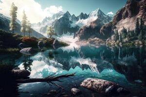 ai gerado sereno montanha lago, com cristal Claro água refletindo a em torno da picos e uma pacífico silêncio. foto