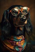 retrato do uma fofa Preto e bronzeado, cabeludo dachshund cachorro com retro óculos e uma bandana ou cachecol em Preto estúdio fundo. generativo ai arte. foto