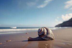 mar Caracol em tropical mar e arenoso de praia azul céu fundo. criada generativo ai foto