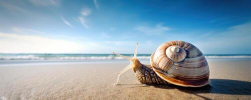 mar Caracol bandeira em tropical mar, arenoso de praia e azul céu fundo. generativo ai foto