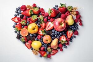 vários frutas dentro a coração forma, saudável fresco frutas fundo. generativo ai foto