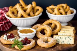 alemão cozinha. austríaco cozinha. diferente tipos do Comida dentro taças em uma Sombrio fundo. salgadinhos com Gorgonzola queijo e biscoitos . generativo ai foto